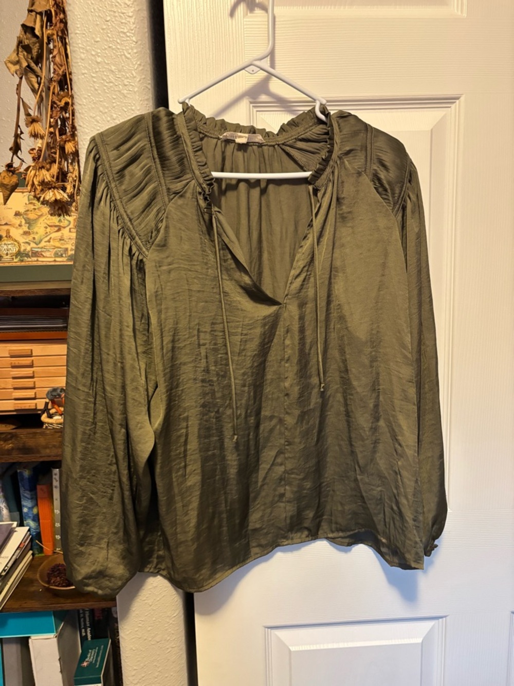 Olive Green Long-Sleeve Peasant Blouse